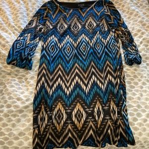 3/4 sleeve blue black tan dress
